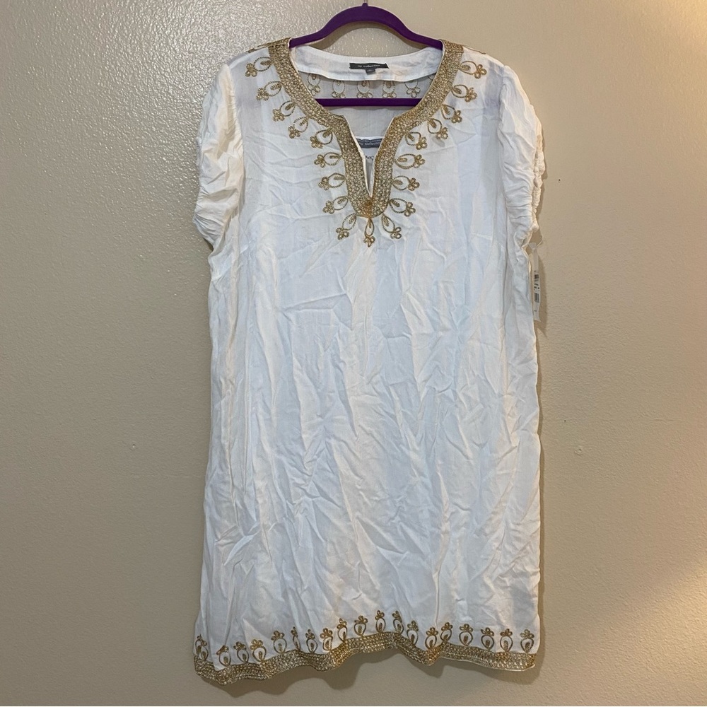 NWT NY Collection Lined Women’s White Dress Gold Embroidered Neckline Size XL